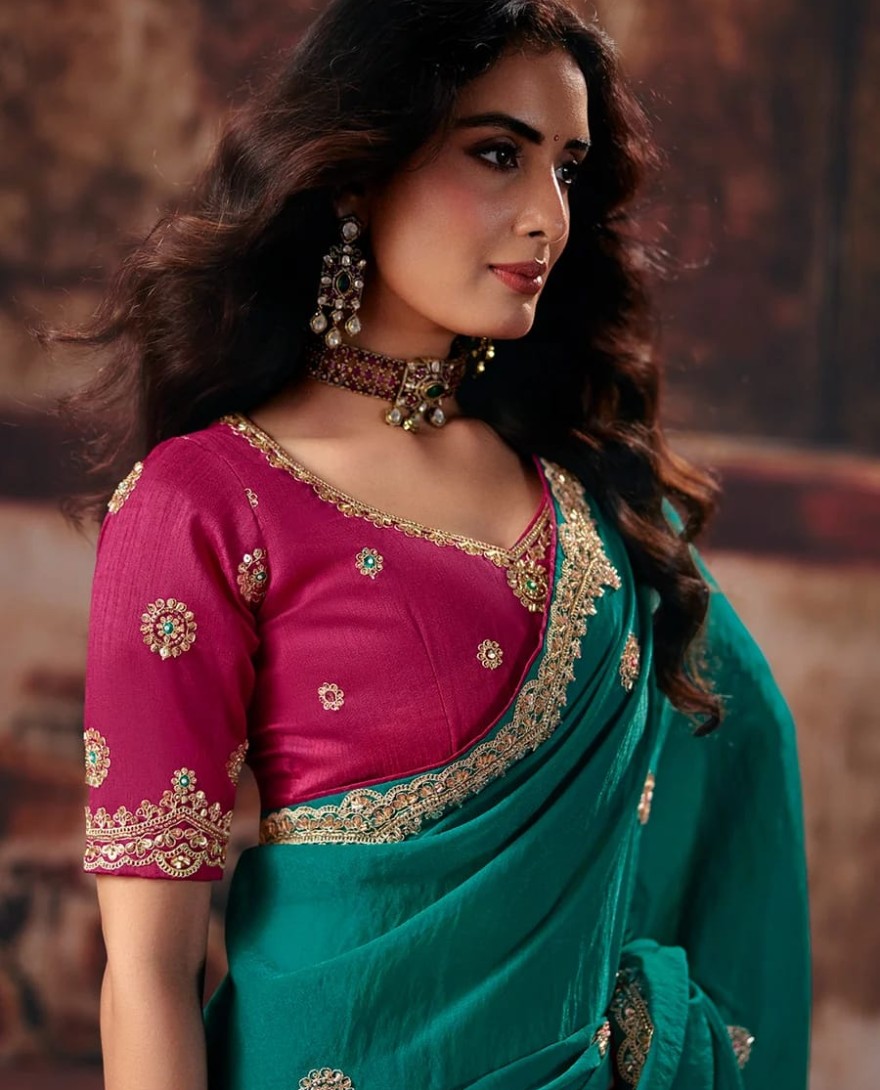 1002 - Teal & Pink Designer Style Festive Wear Saree